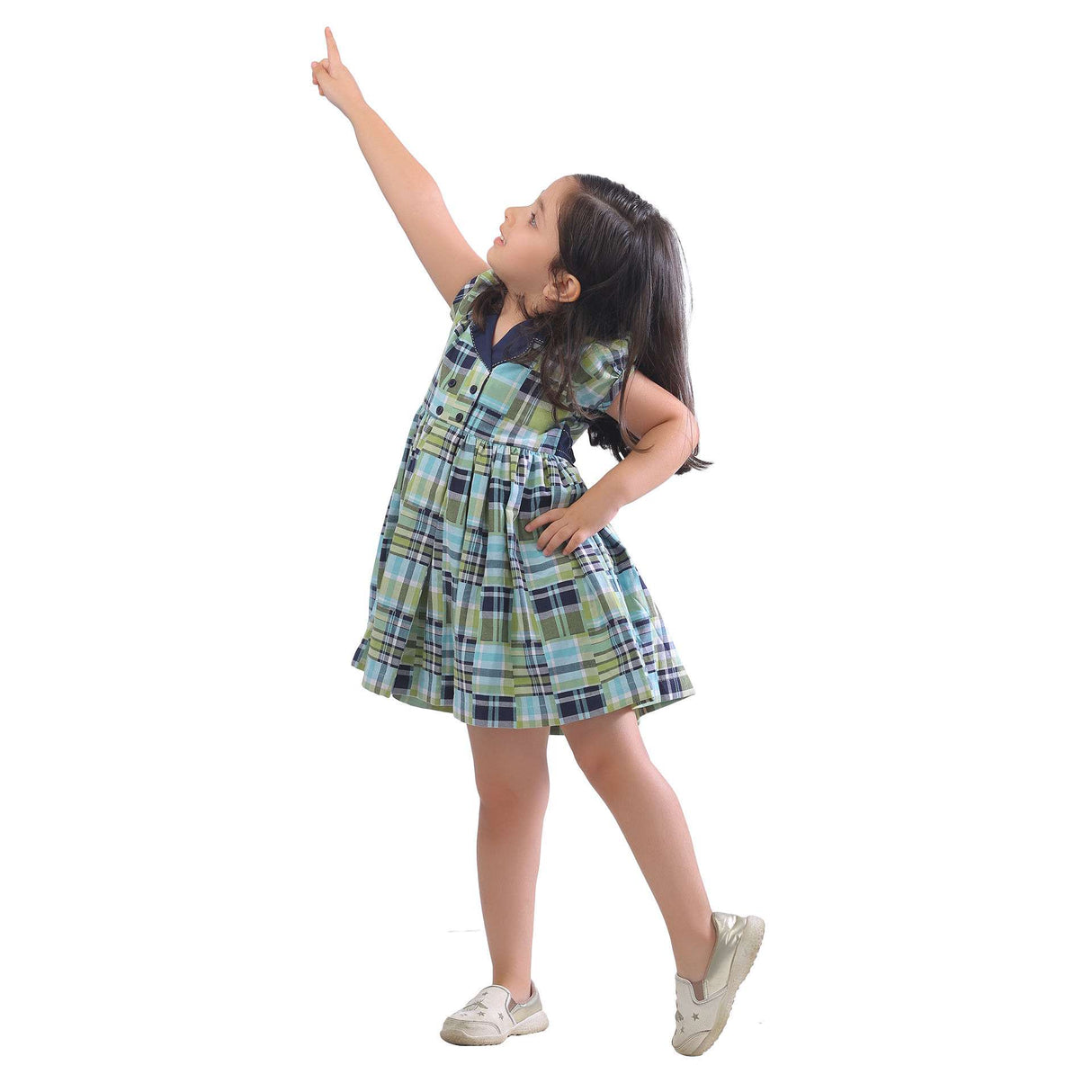 Girl wearing a navy patchwork weave casual dress with navy collar withkantha work