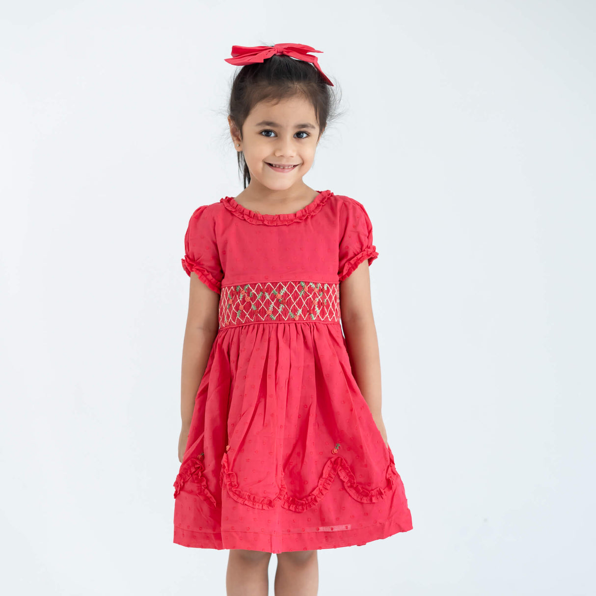 Coral Swissdot Hand Smocked and Embroidered Girls Dress