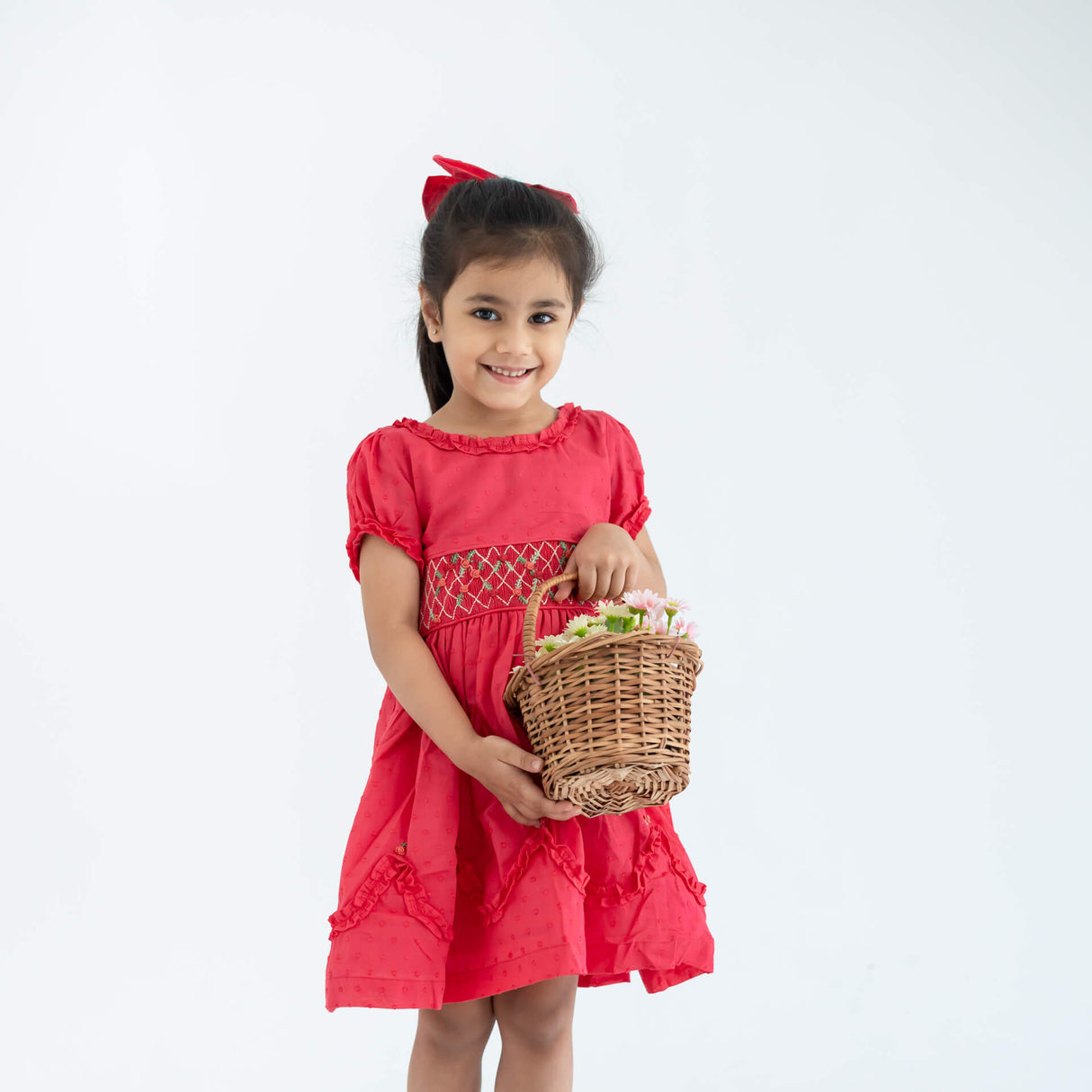 Coral Swissdot Hand Smocked and Embroidered Girls Dress