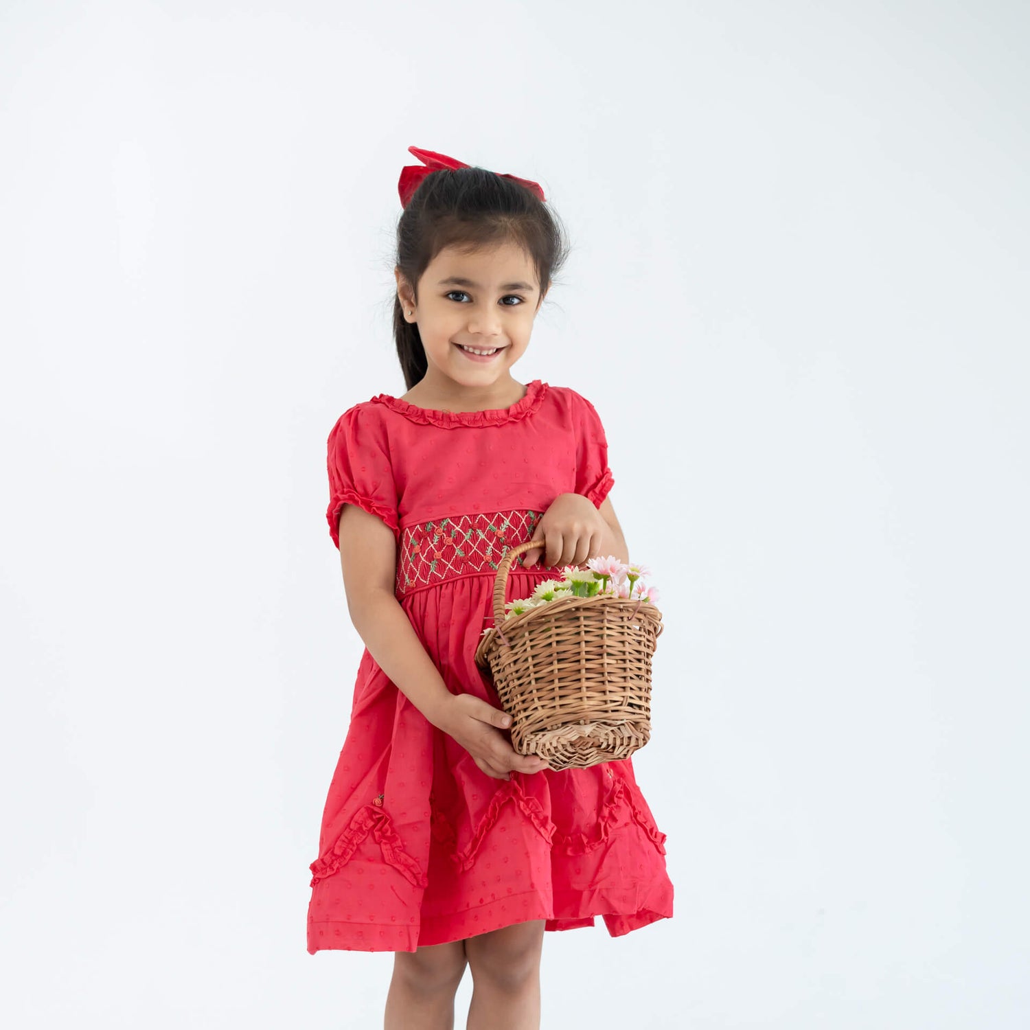 Coral Swissdot Hand Smocked and Embroidered Girls Dress