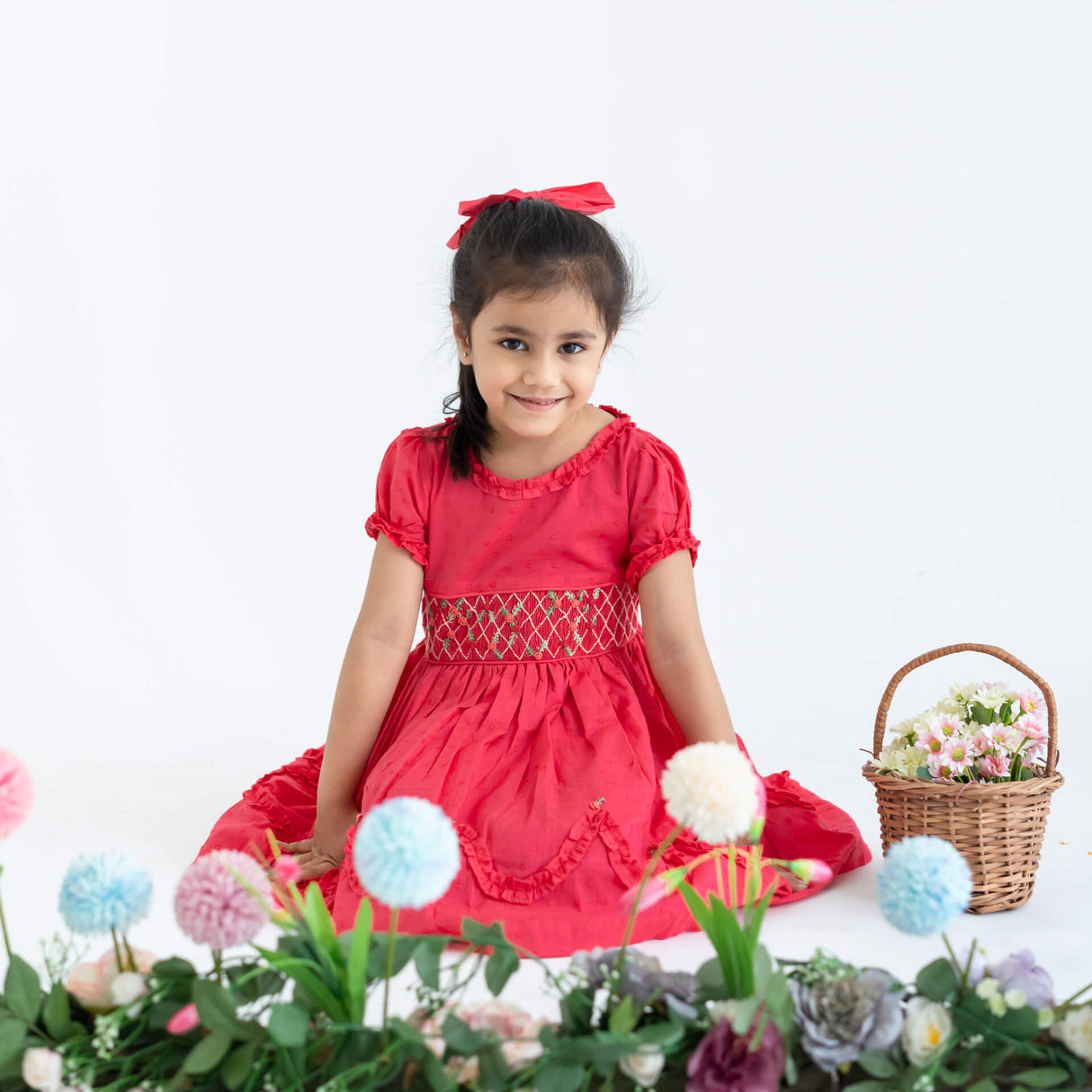Coral Swissdot Hand Smocked and Embroidered Girls Dress
