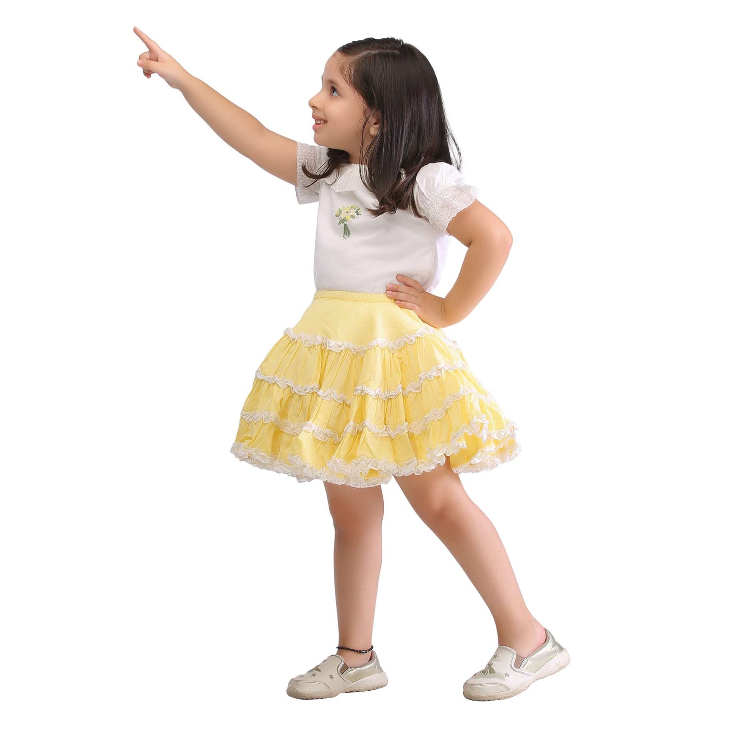 Party girls skirt and blouse outfit in yellow and ivory with hand embroidery and lace