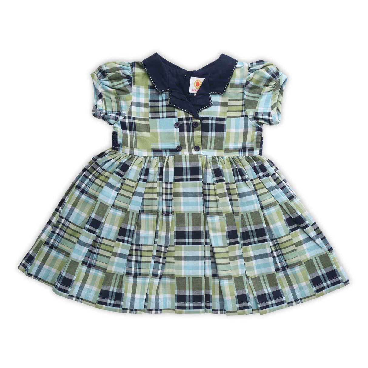 Soleilclo double breasted lapel collar dress in navy and green patchwork and side tabs