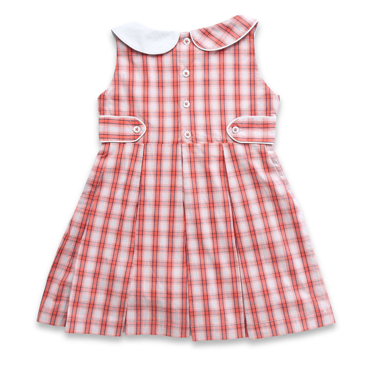 Rear image of red plaid dress with box pleated skirt, hand embroidered design on grey collar and back tabs