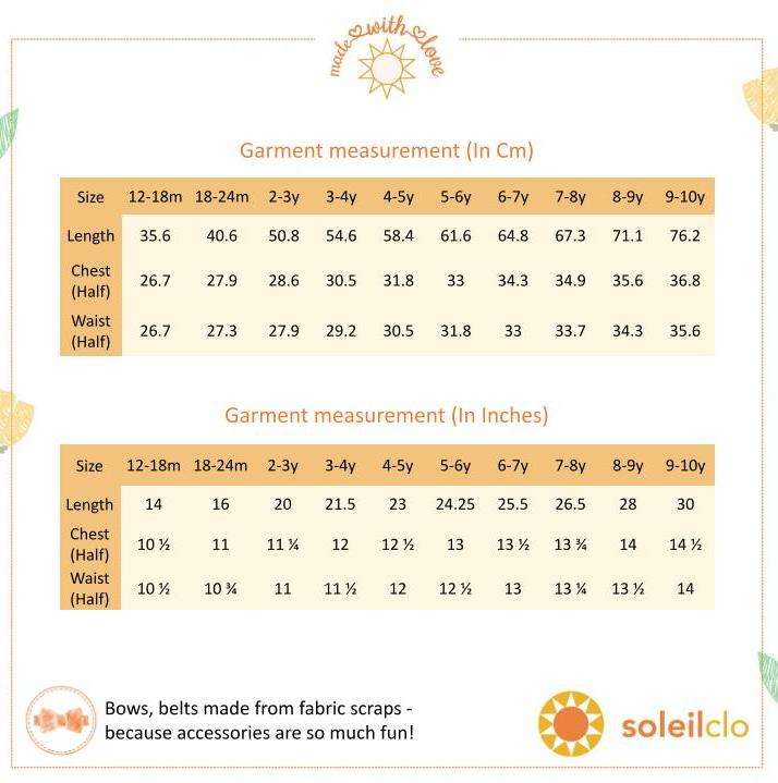 Size chart for red and green floral printed cotton dress with a tie up fabric ruffle belt