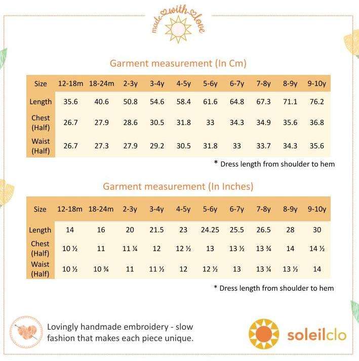 Size chart of blue floral cotton dress with scallop waistline and scallop collar