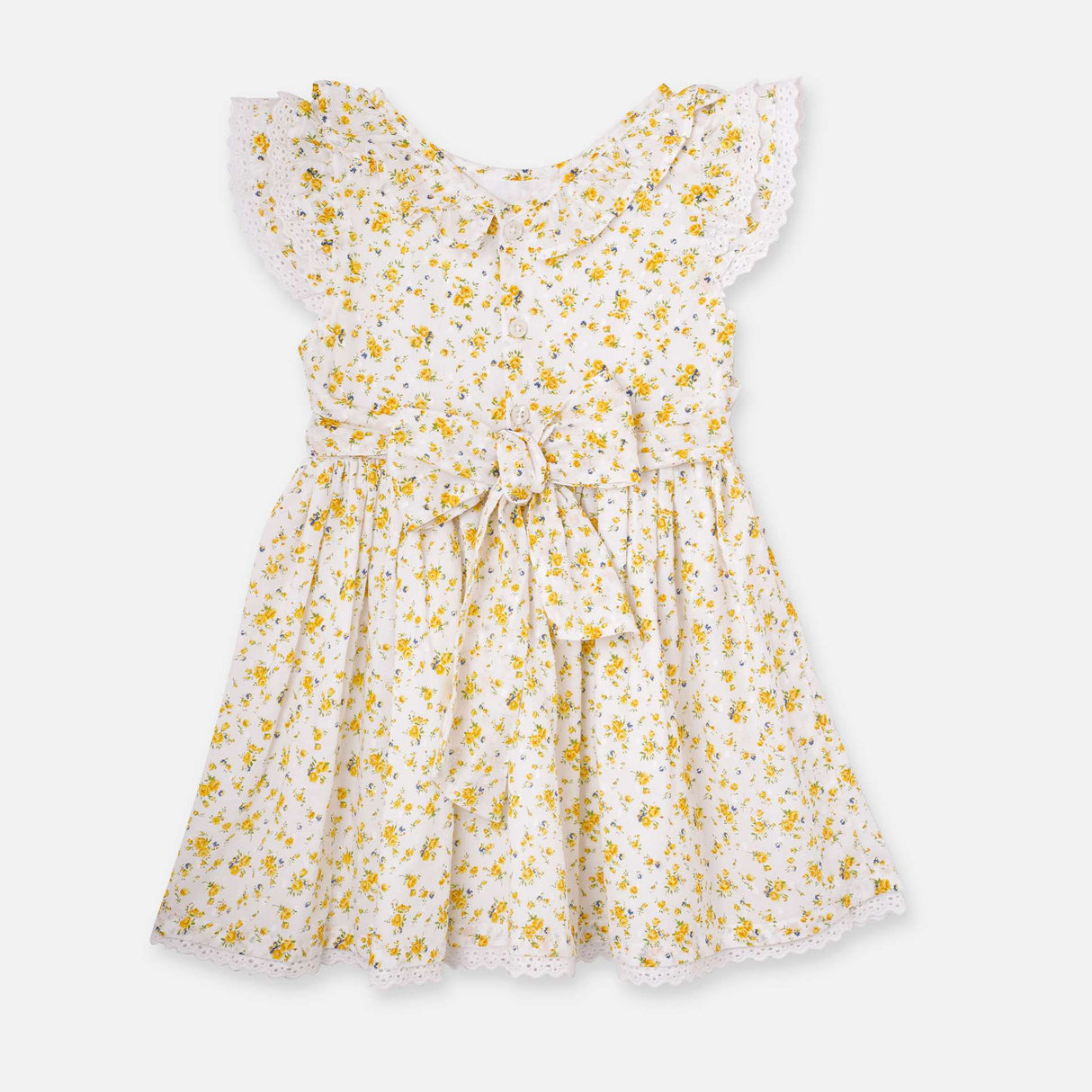 Back view of yellow rose print dress with flutter sleeves and lace