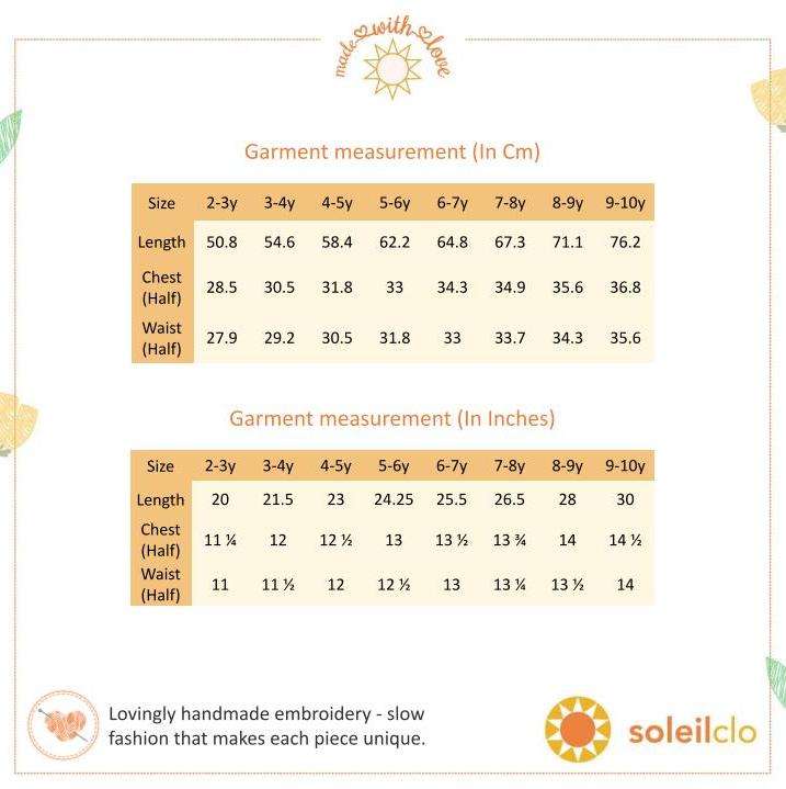 Size chart for floral printed pink hand-smocked dress