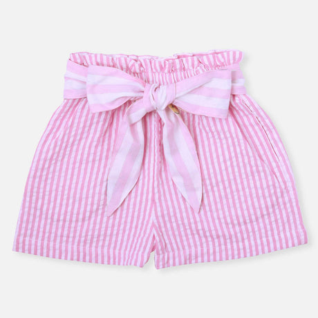 Stripe pink seersucker paperbag girls casual shorts with wide waist belt