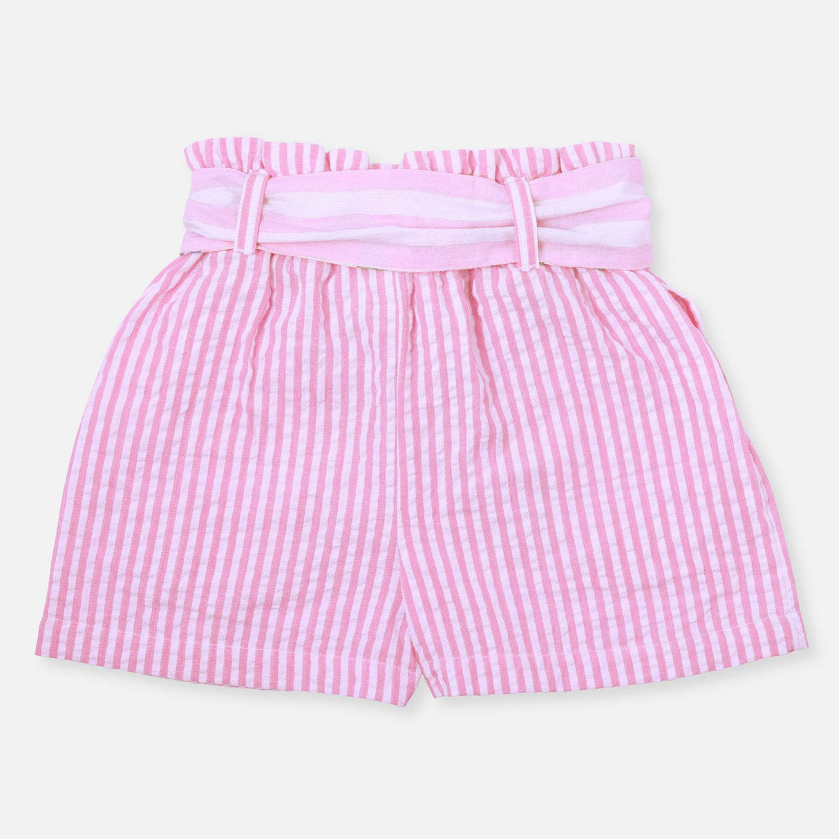 Pink stripe seersucker girls casual shorts with broad belt