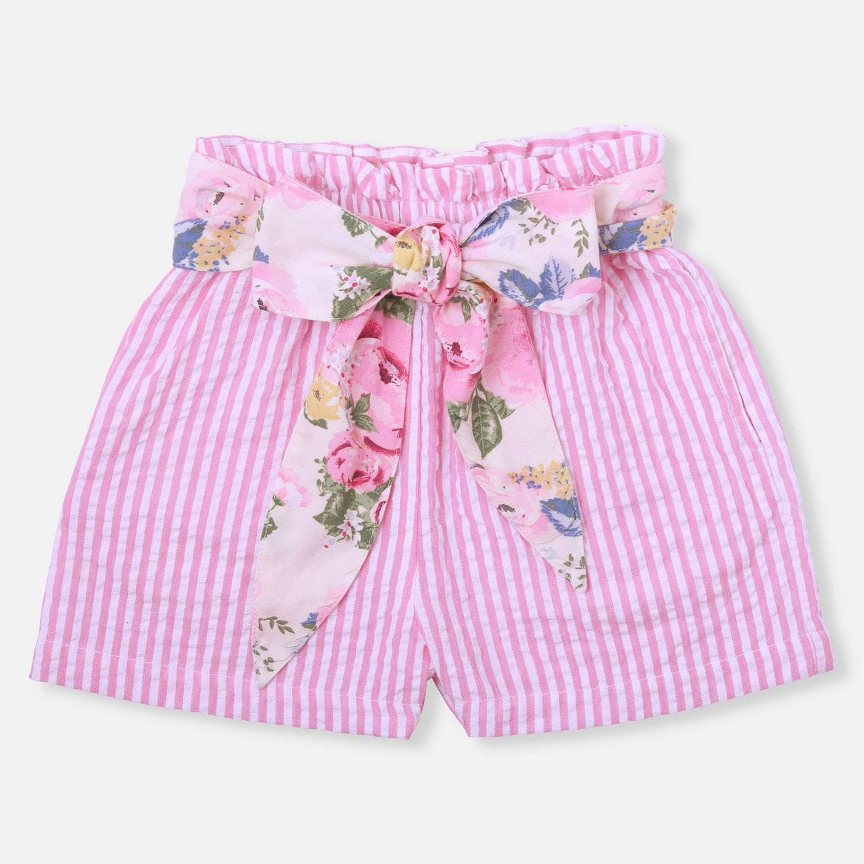 Pink seersucker stripe paperbag shorts with wide floral belt
