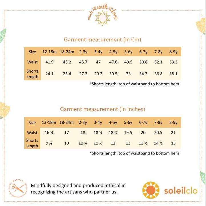 Size chart for garment