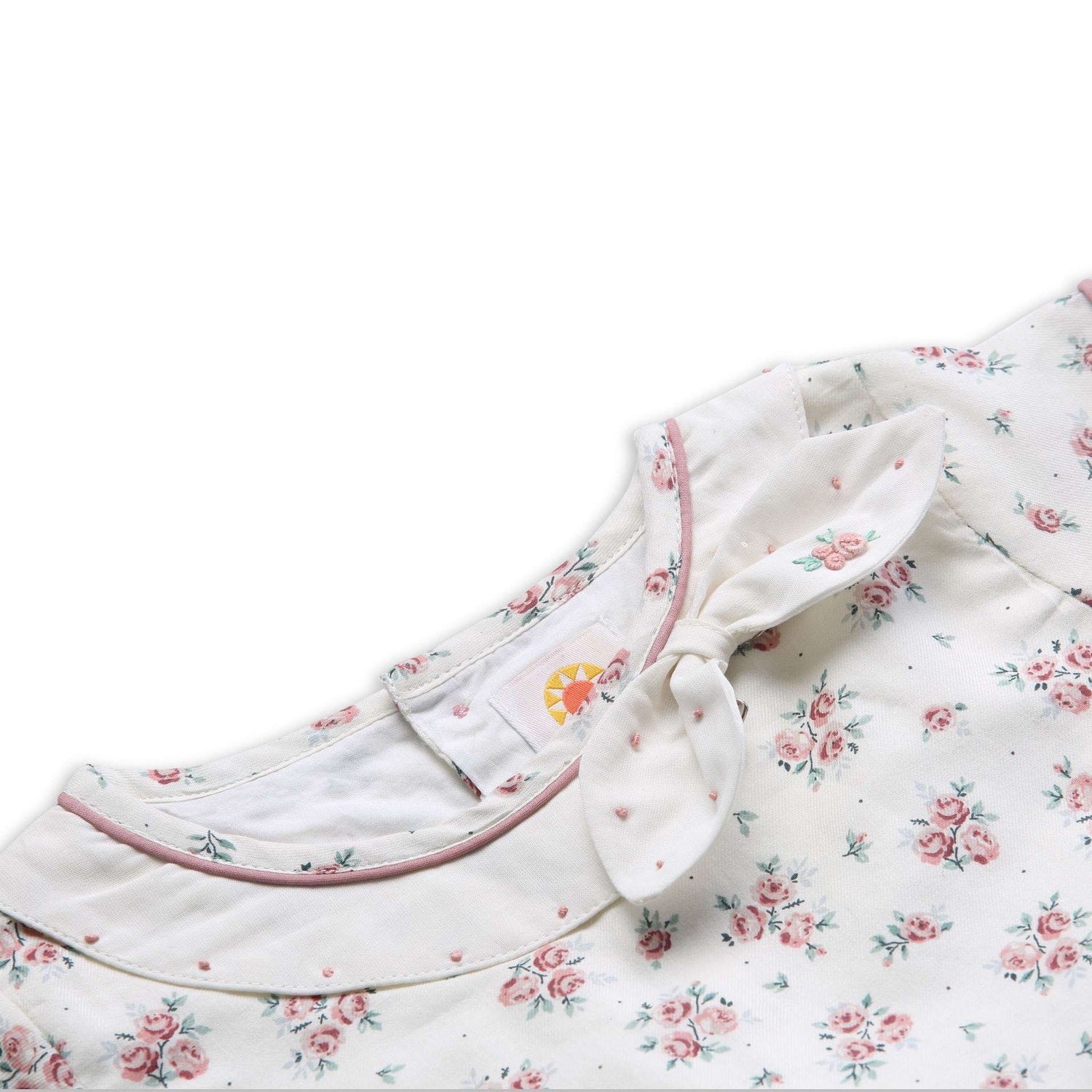 Close-up of hand embroidered details on the collar of ivory floral printed dress