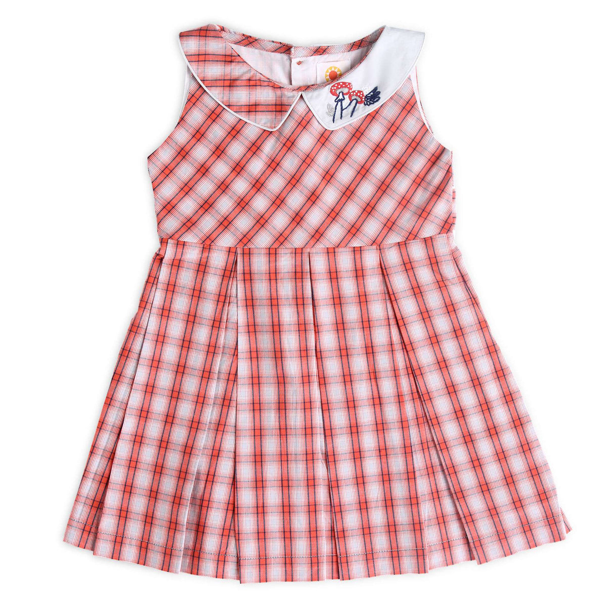 Flatlay of plaid cotton dress in fire brick red, with a beautiful hand-embroidered motif in the single solid grey collar