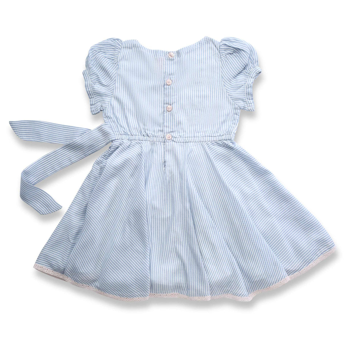 Flatlay of rear side of blue striped cotton crossover dress with crochet-style lace trim, floral hand-embroidery