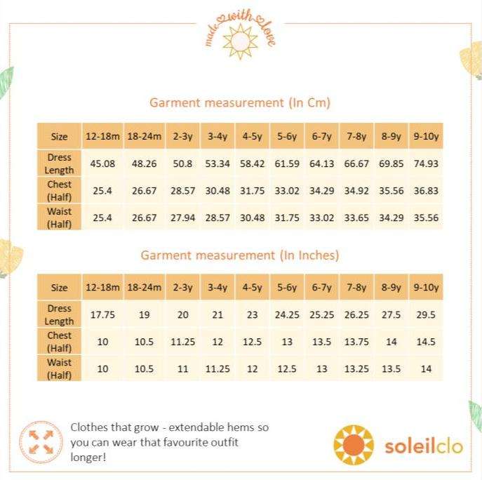 Size chart of blue striped cotton dress with delicate crochet-style lace trim, floral hand-embroidery and faux cross-over