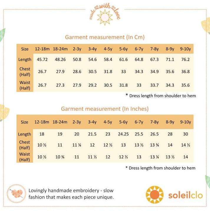 Size chart of swiss dot pink and blue floral printed cotton dress with bell sleeves