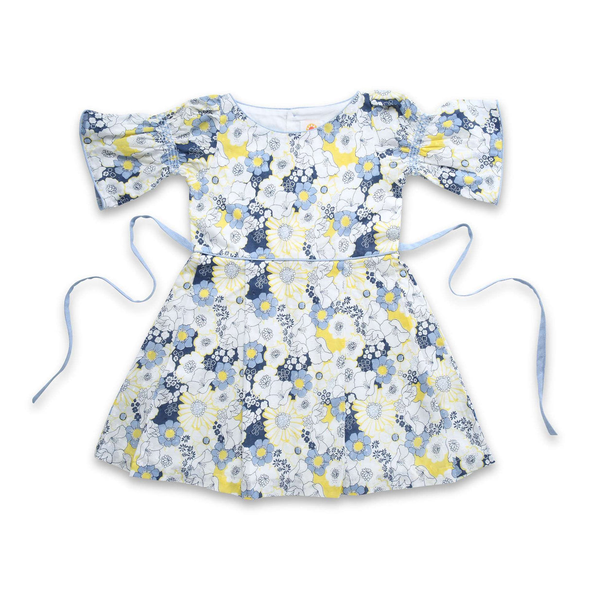 Flatlay of swiss dot blue floral printed cotton dress with boat neck and elasticated shirring on bell sleeves