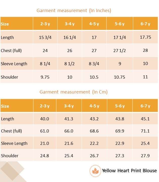 Size chart of blouse with a heart print on a wheat gold base and gathered sleeves