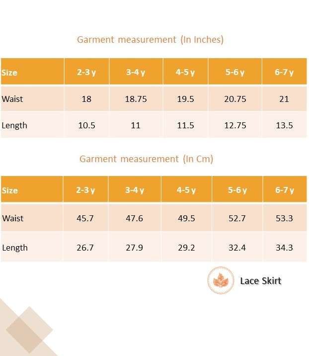 Size chart of ivory lace skirt and blouse with a heart print on a wheat gold base