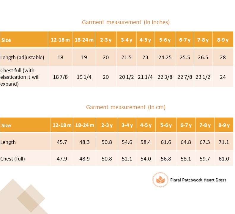 Size chart of strappy dress with floral print and pink dot fabric with intricate ribbon patchwork heart applique