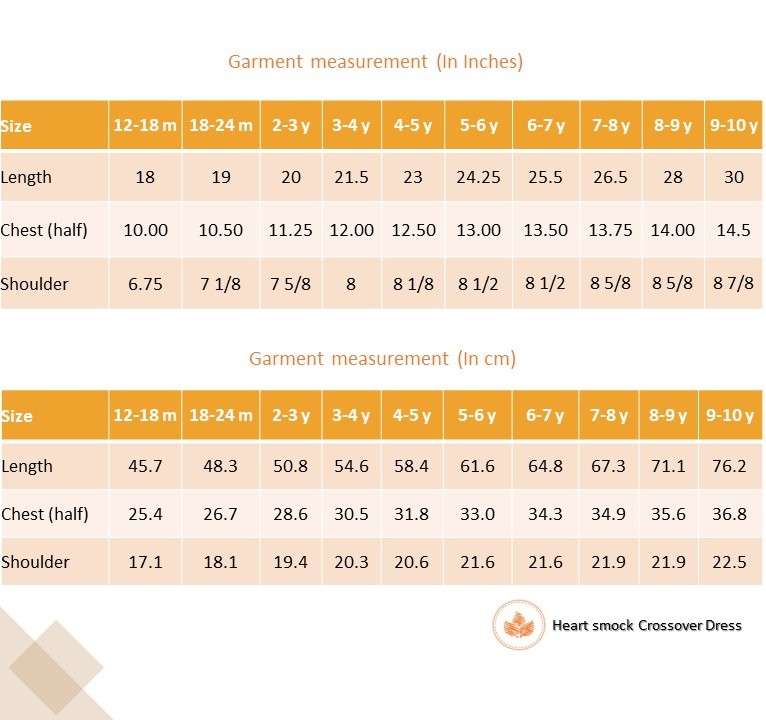 Size chart of red checked dress with a hand-smocked band of hearts in a crossover style and cord piping trims