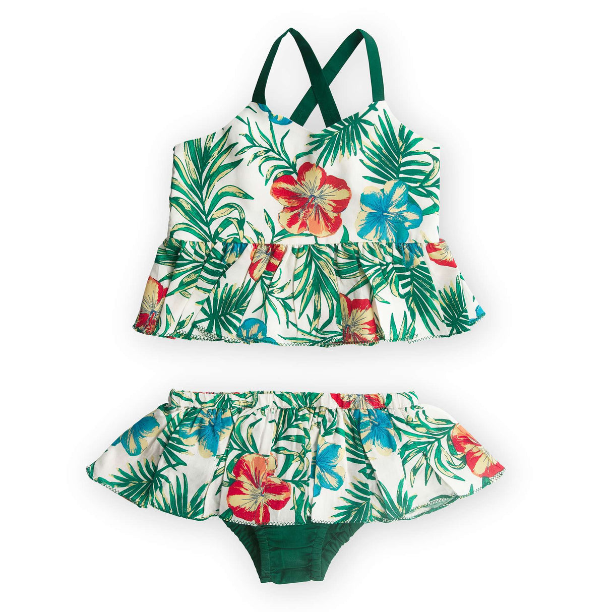 Flatlay of tropical print baby swimwear set with ruffle details on the bottom and strappy top