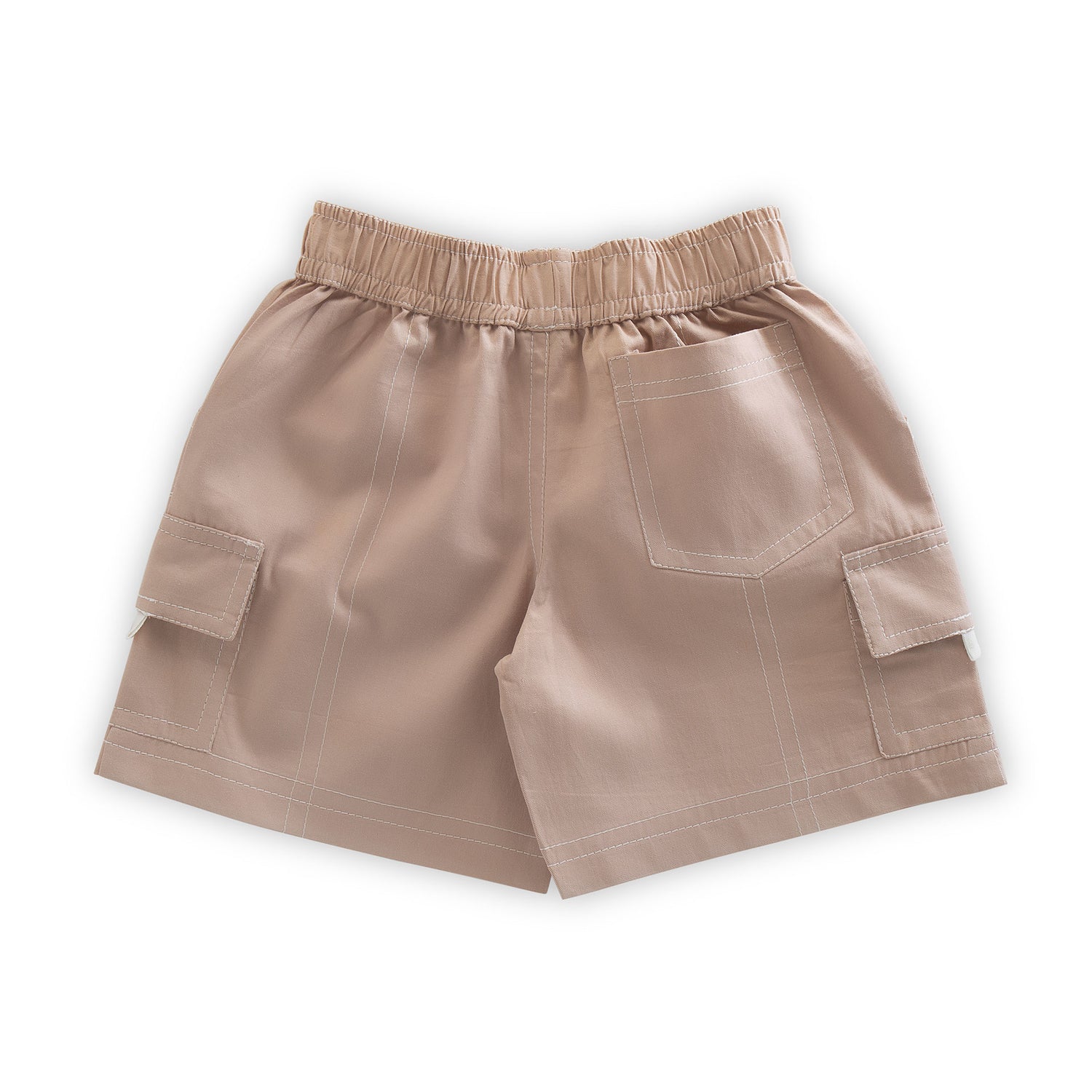 Flatlay of beige cotton cargo shorts