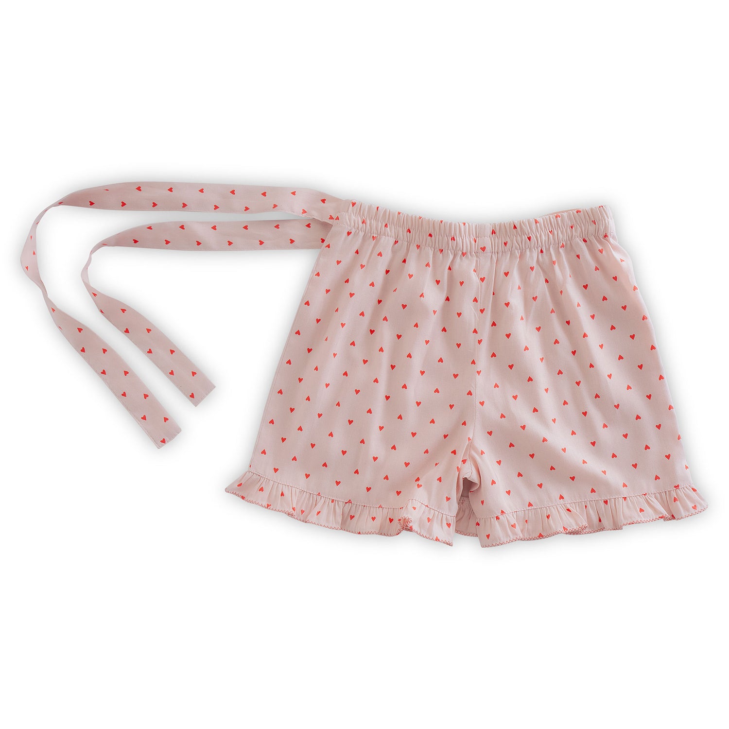 A pair of heart printed viscose shorts with hem ruffles and side tie-up
