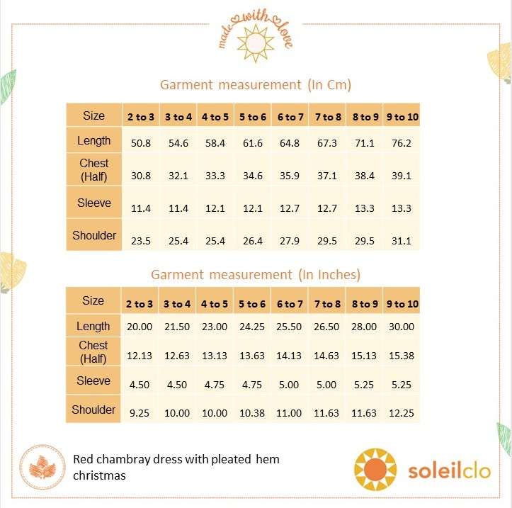 Size chart of red chambray dress with hand embroidered neckline