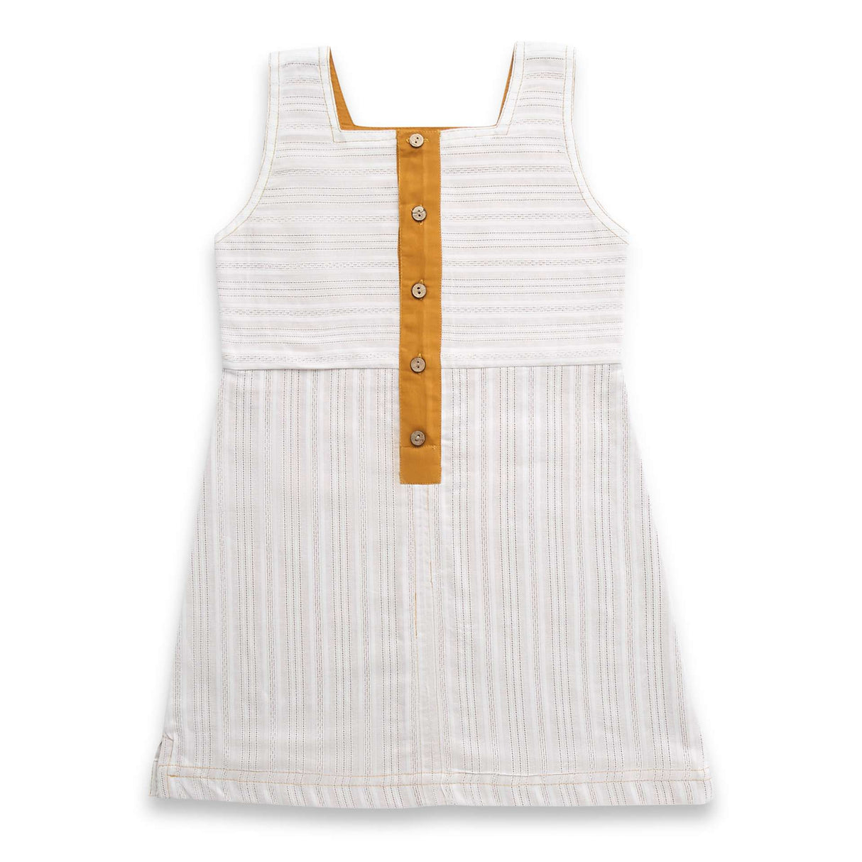 A-line sleeveless girls dress 'in ivory with gold button placket and wood buttons