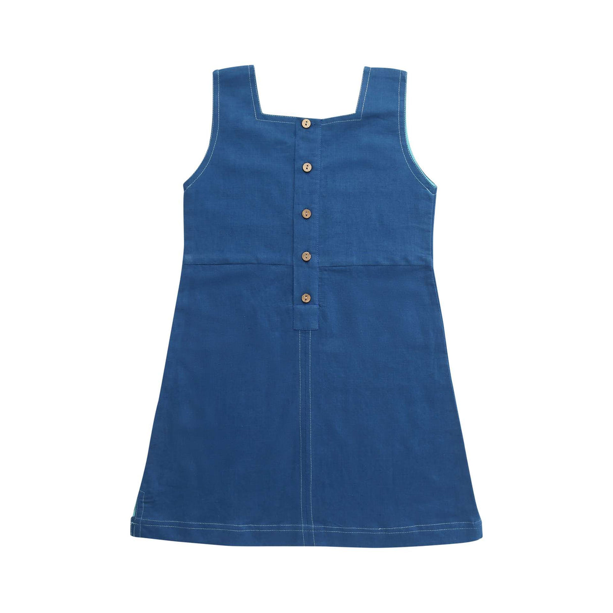 Flatlay image of rear side of blue sleeveless dress with a hand embroidered bird cage and some scattered flowers