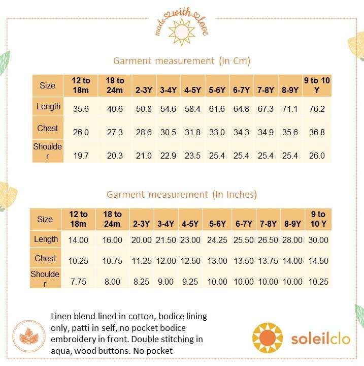 Size chart of blue sleeveless dress with a hand embroidered bird cage and some scattered flowers