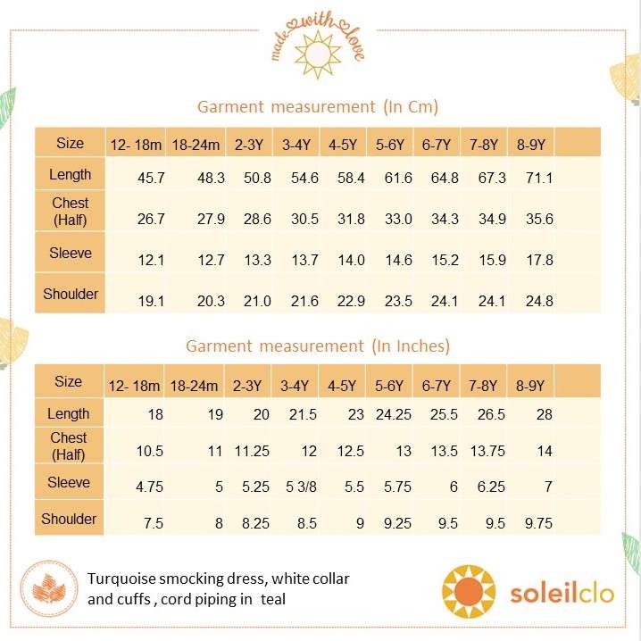 Size chart for Soleilclo turquoise smocked dress