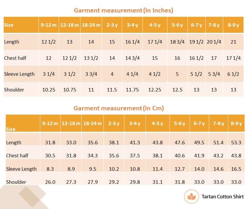 Garment size chart for Tartan cotton boy's shirt