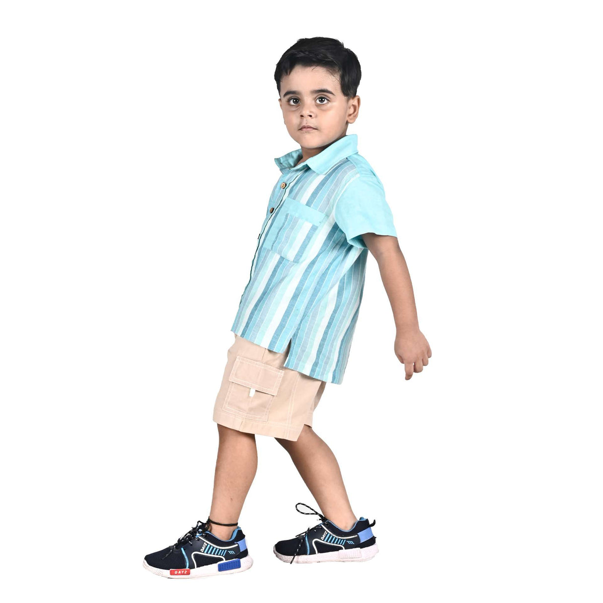 A boy in turquoise blue chambray half sleeve cotton shirt with stripes in shades of blue and a spacious chest pocket