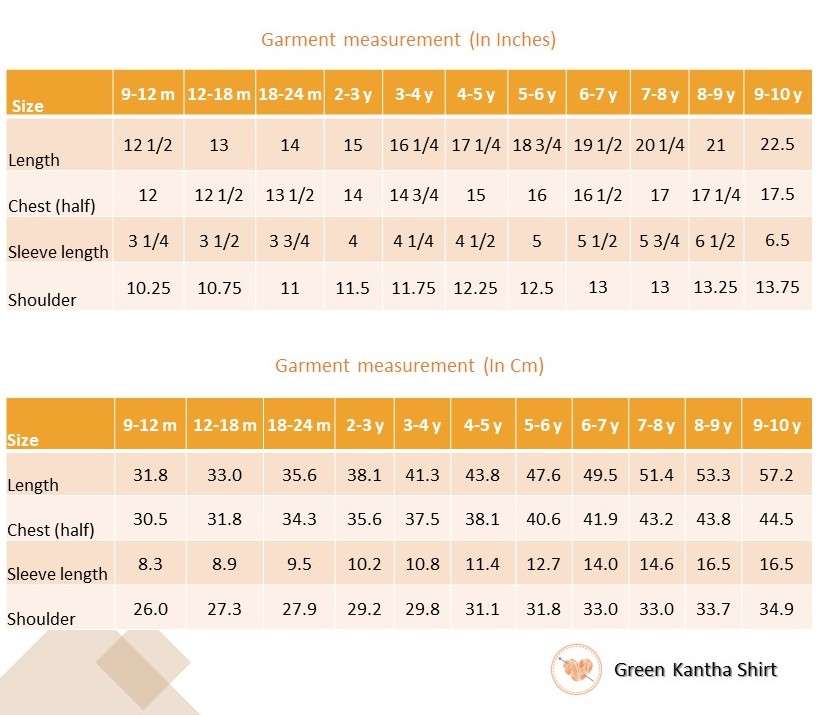 Size chart for green kantha shirt