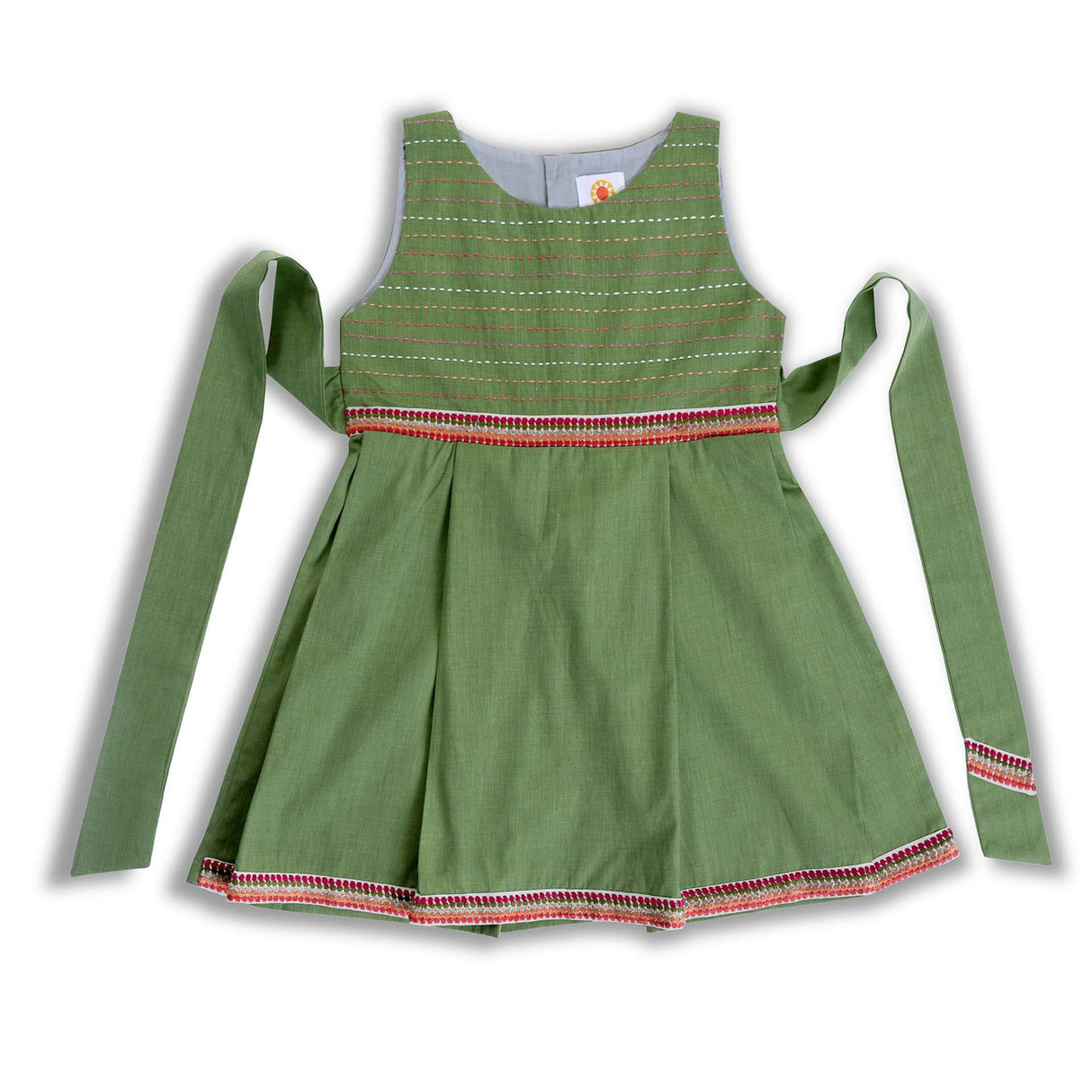 Flatlay of green sleeveless dress with hand embroidered border detail, back belt and detailing on bodice