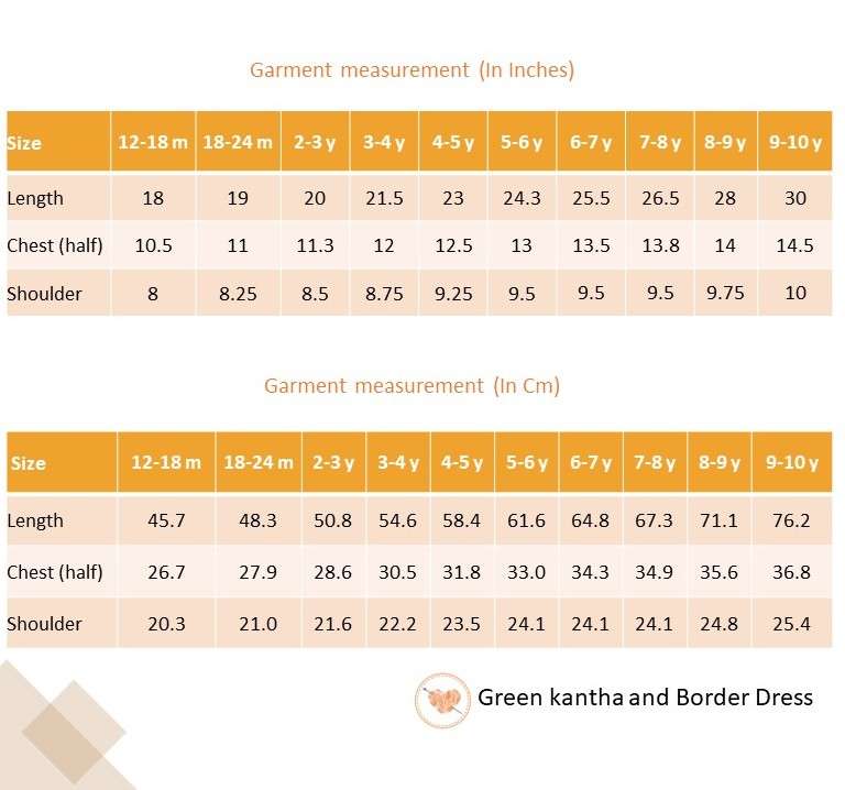 Size chart of green kantha dress
