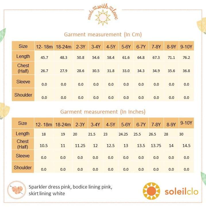 Size chart of berry pink sparkler dress