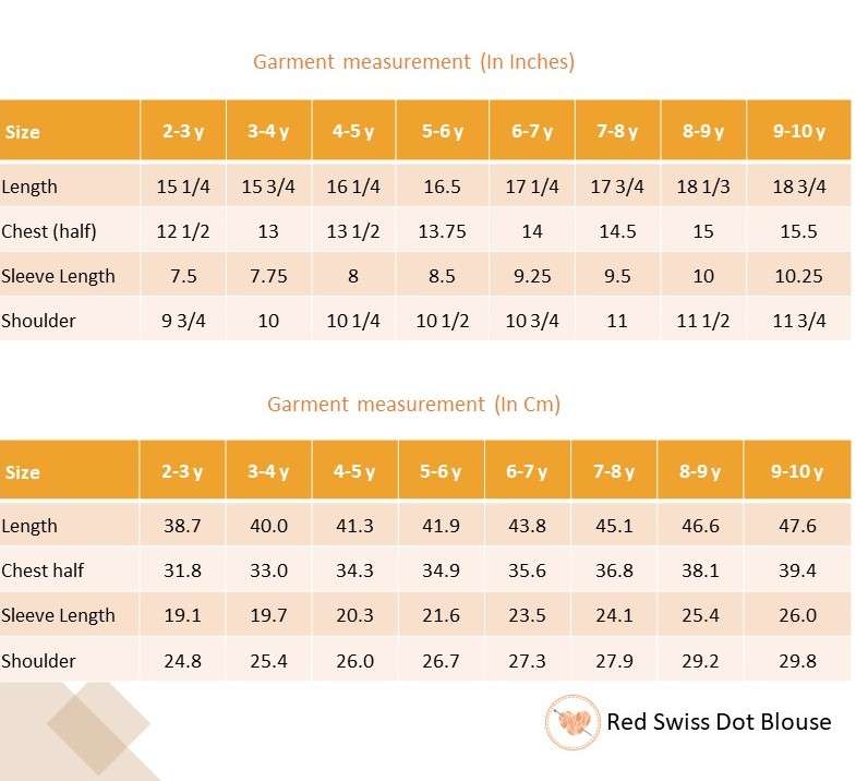 Size chart of red swiss dot girls blouse