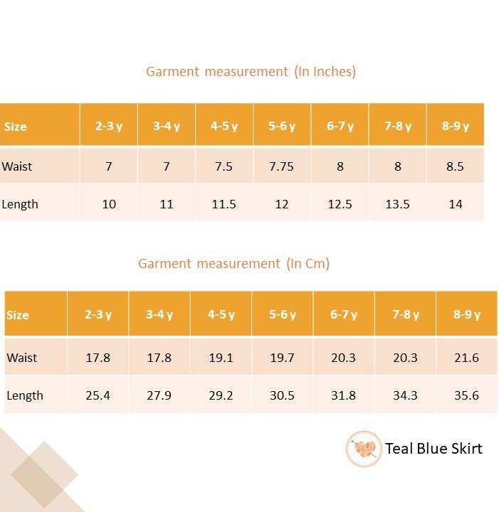 Size chart of teal skirt and red blouse set