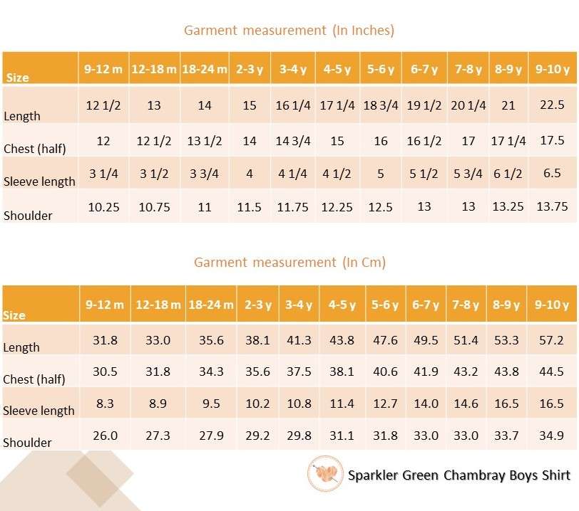 Green chambray boys shirt size chart
