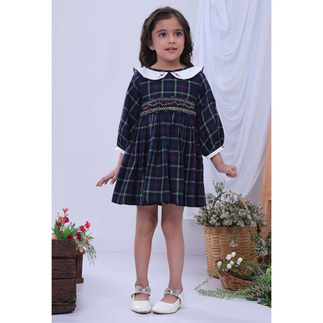 A little girl in navy plaid hand smocked cotton dress with hand embroidered collar