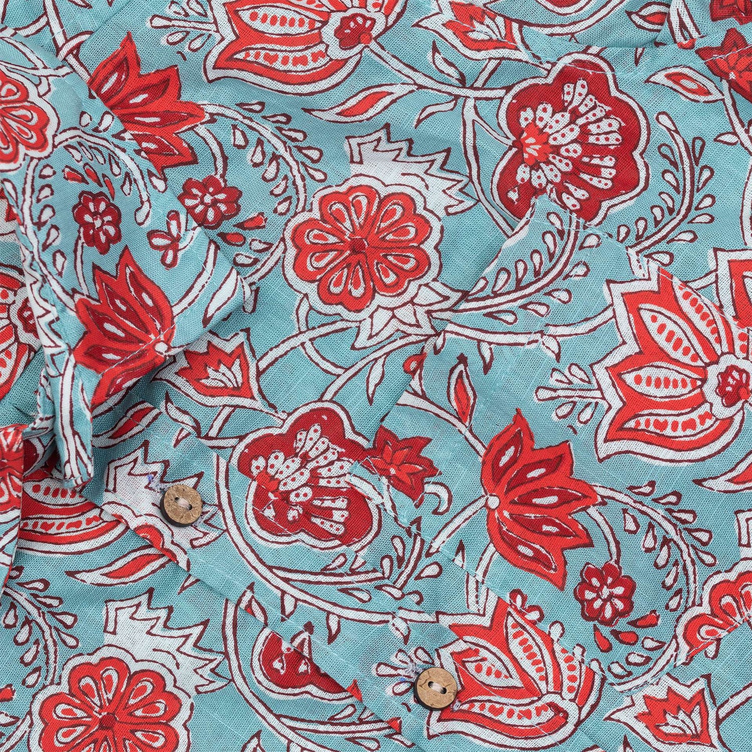 Cotton boys shirt in turquoise and coral indian block print