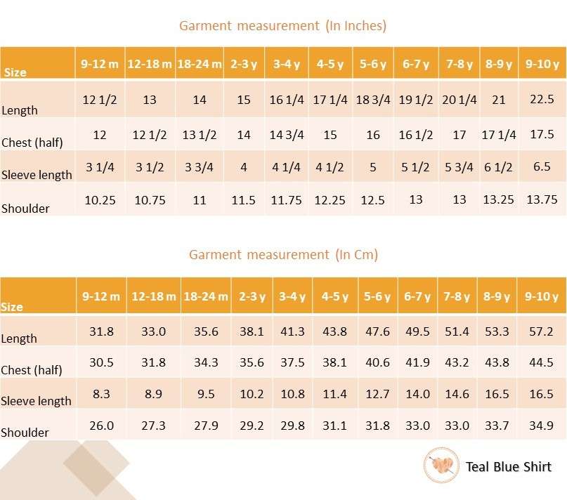 Size chart for teal blue shirt