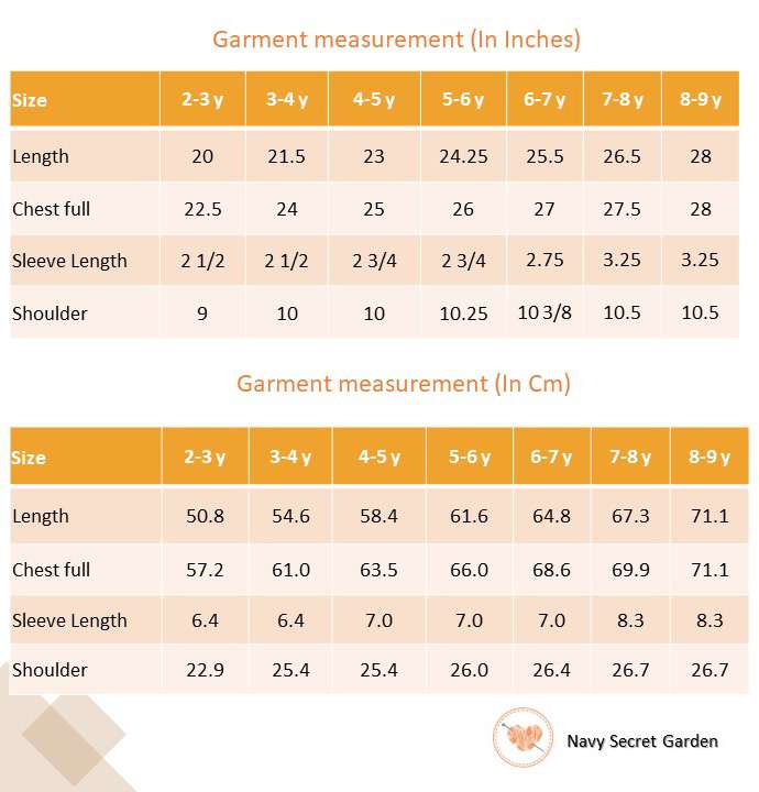 Size chart of floral printed cotton navy dress with flutter sleeves, lace trims and hand embroidered bouquet in the yoke