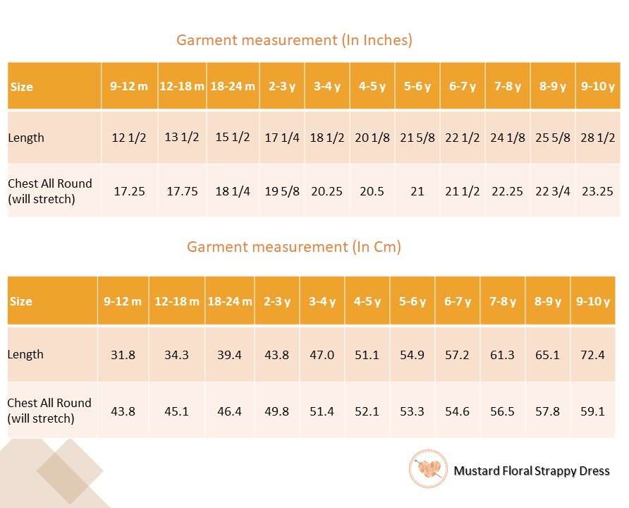 Size chart of strappy shoulder dress with floral print in mustard and big flower appliqued on the waist