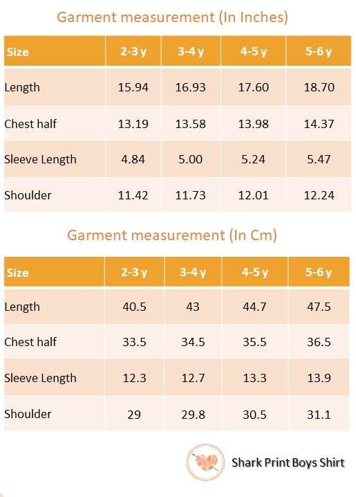 Measurement chart for Soleilclo boys shirt