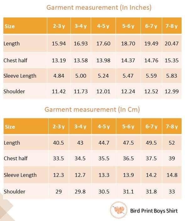 Bird print shirt boys size chart
